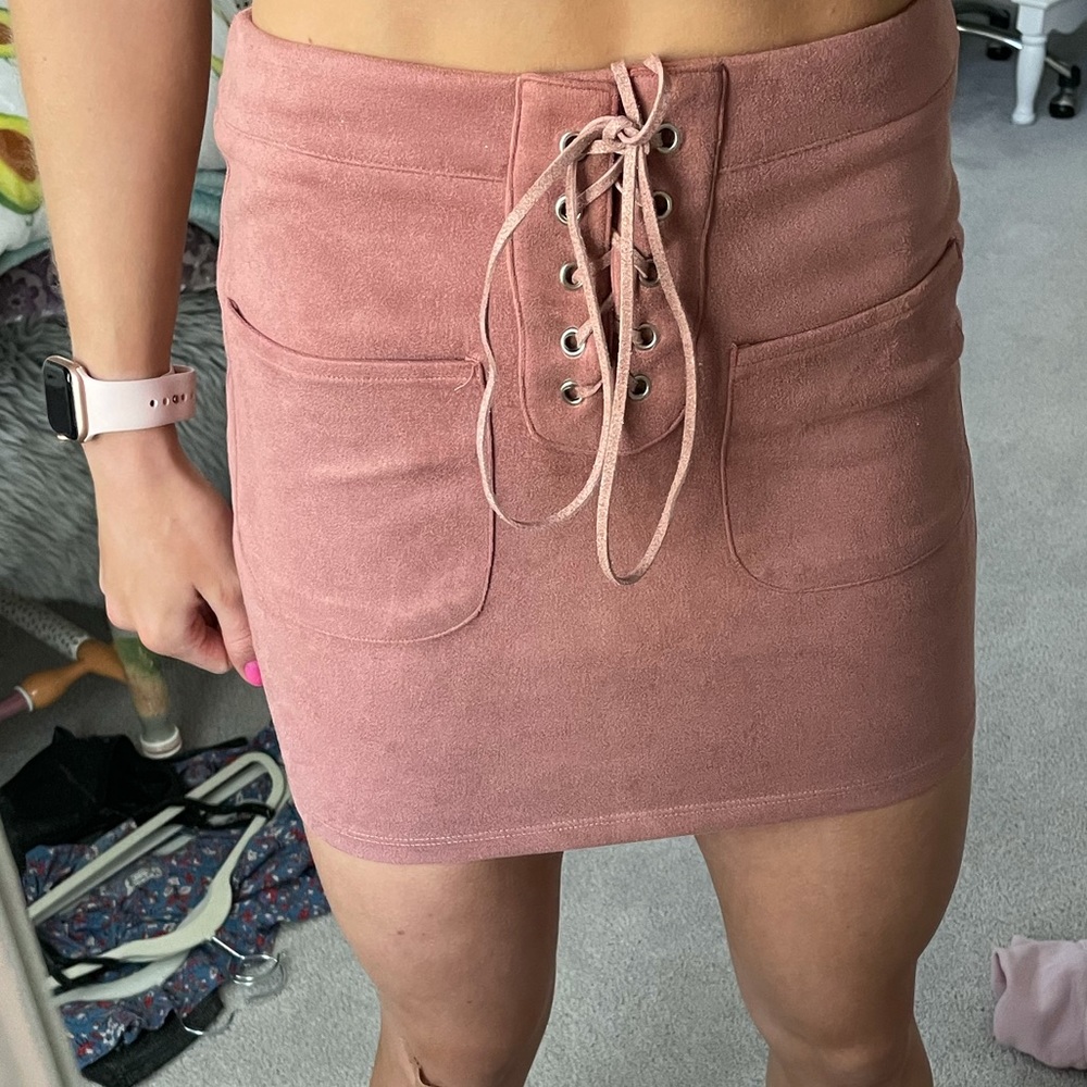 Pink leather pencil tie skirt